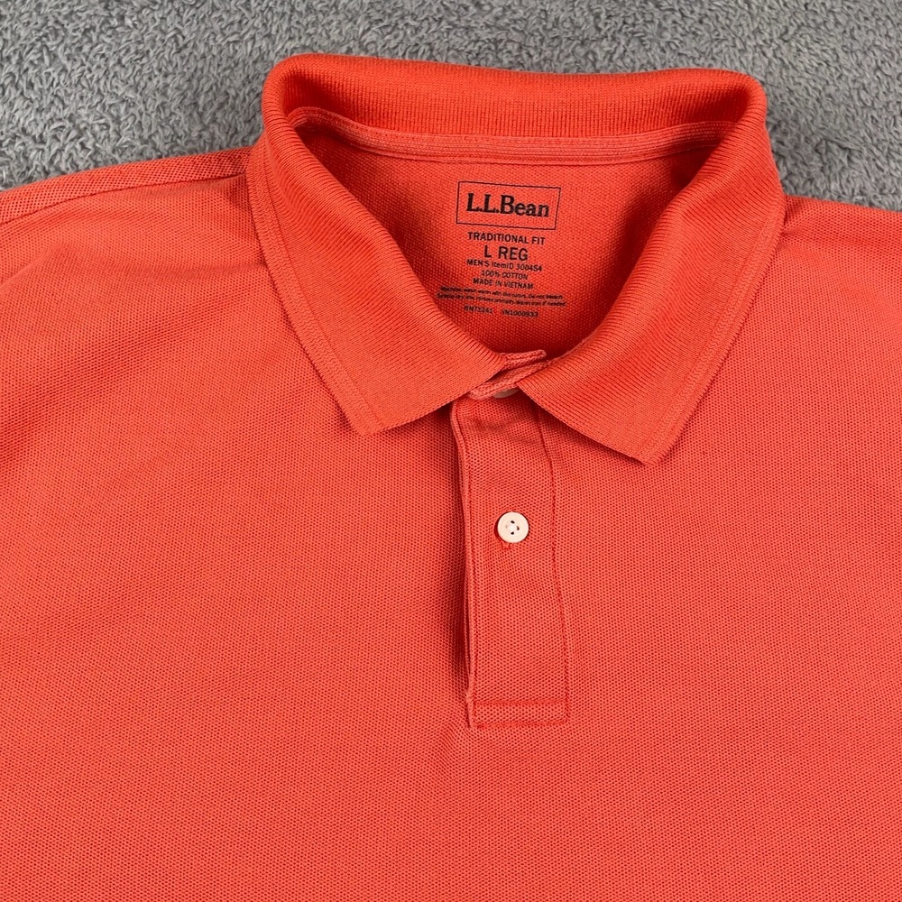 LL Bean Shirt Mens Large Orange Polo Premium Banded Traditional Fit Pique Golf